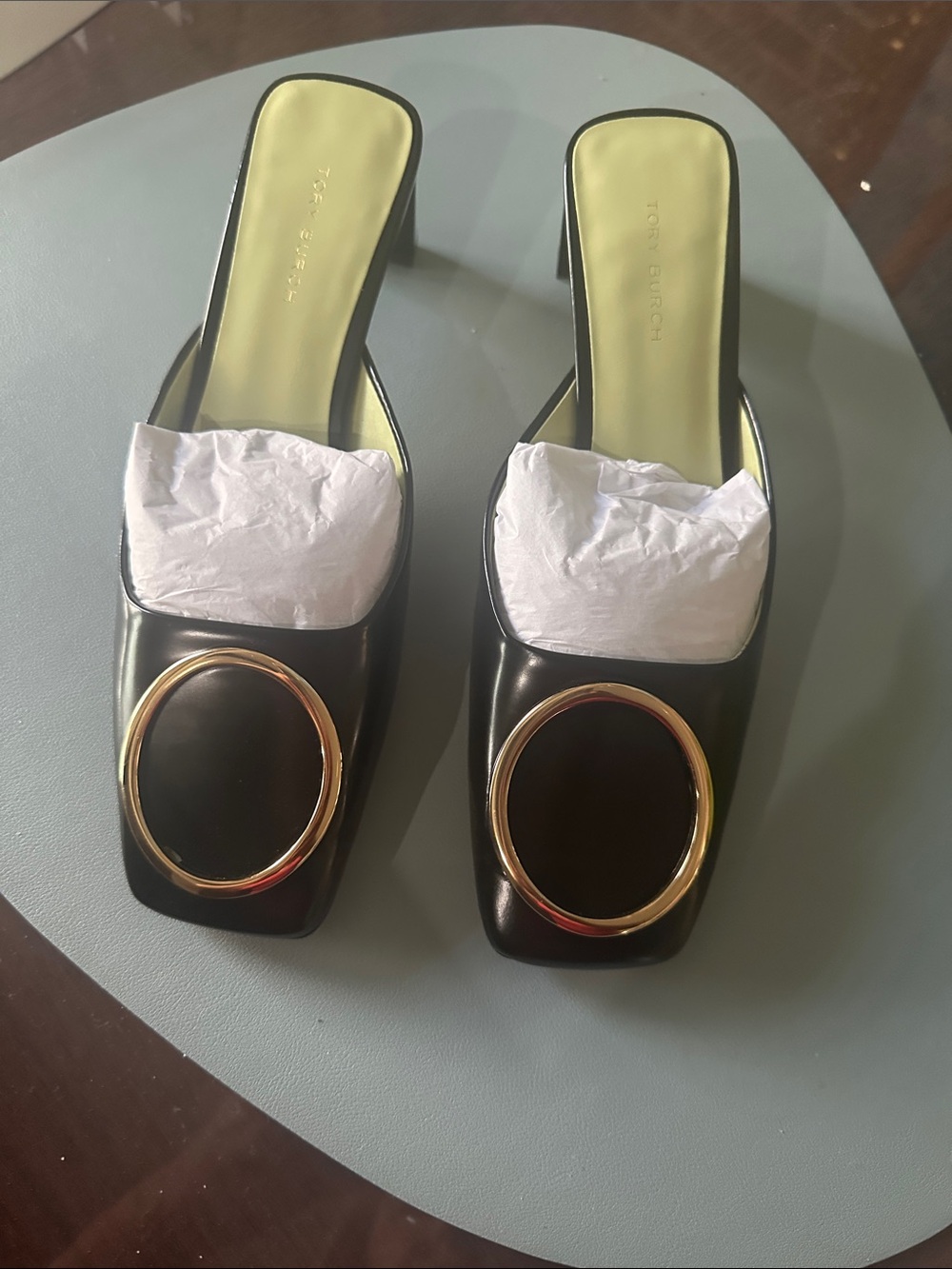 Tory Burch Black Leather Slide Mules with Gold Round Emblem